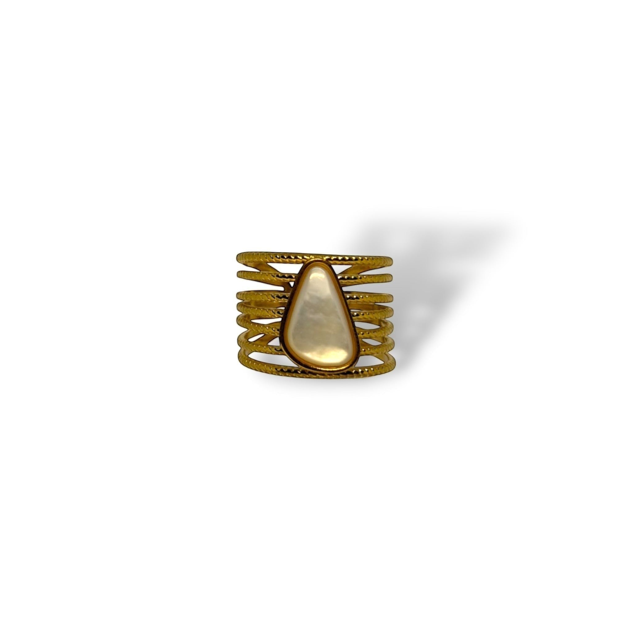 Bague Majoa Éclat Nacré en acier inoxydable argenté avec anneaux entrelacés et pierre nacrée centrale ajustable