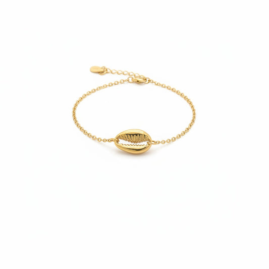 Majoa gold cowrie shell bracelet made of stainless steel. Delicate chain, water-resistant, hypoallergenic.