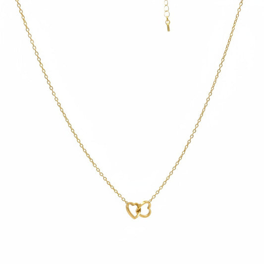 Majoa gold interlocking hearts necklace, a minimalist and elegant piece symbolizing connection and love.