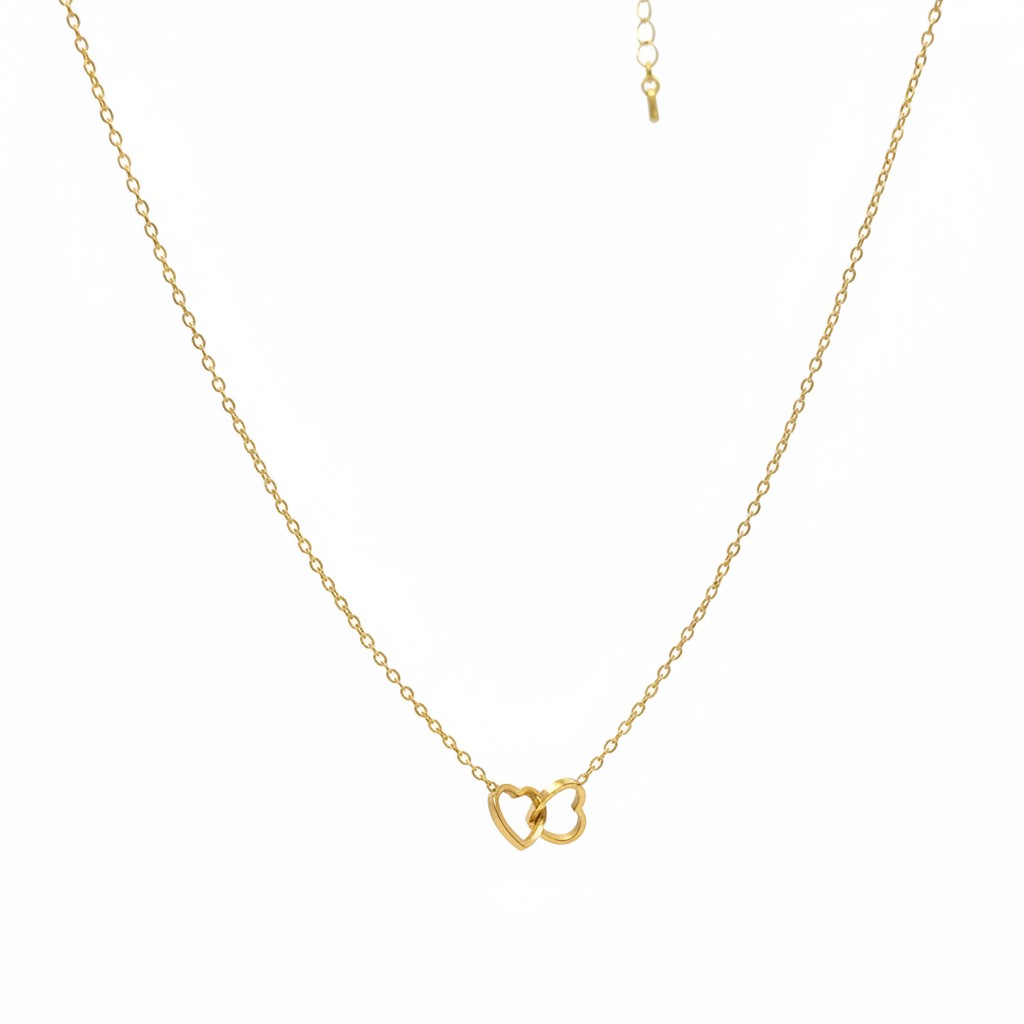 Majoa gold interlocking hearts necklace, a minimalist and elegant piece symbolizing connection and love.