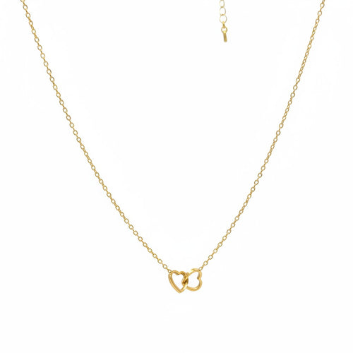 Majoa gold interlocking hearts necklace, a minimalist and elegant piece symbolizing connection and love.