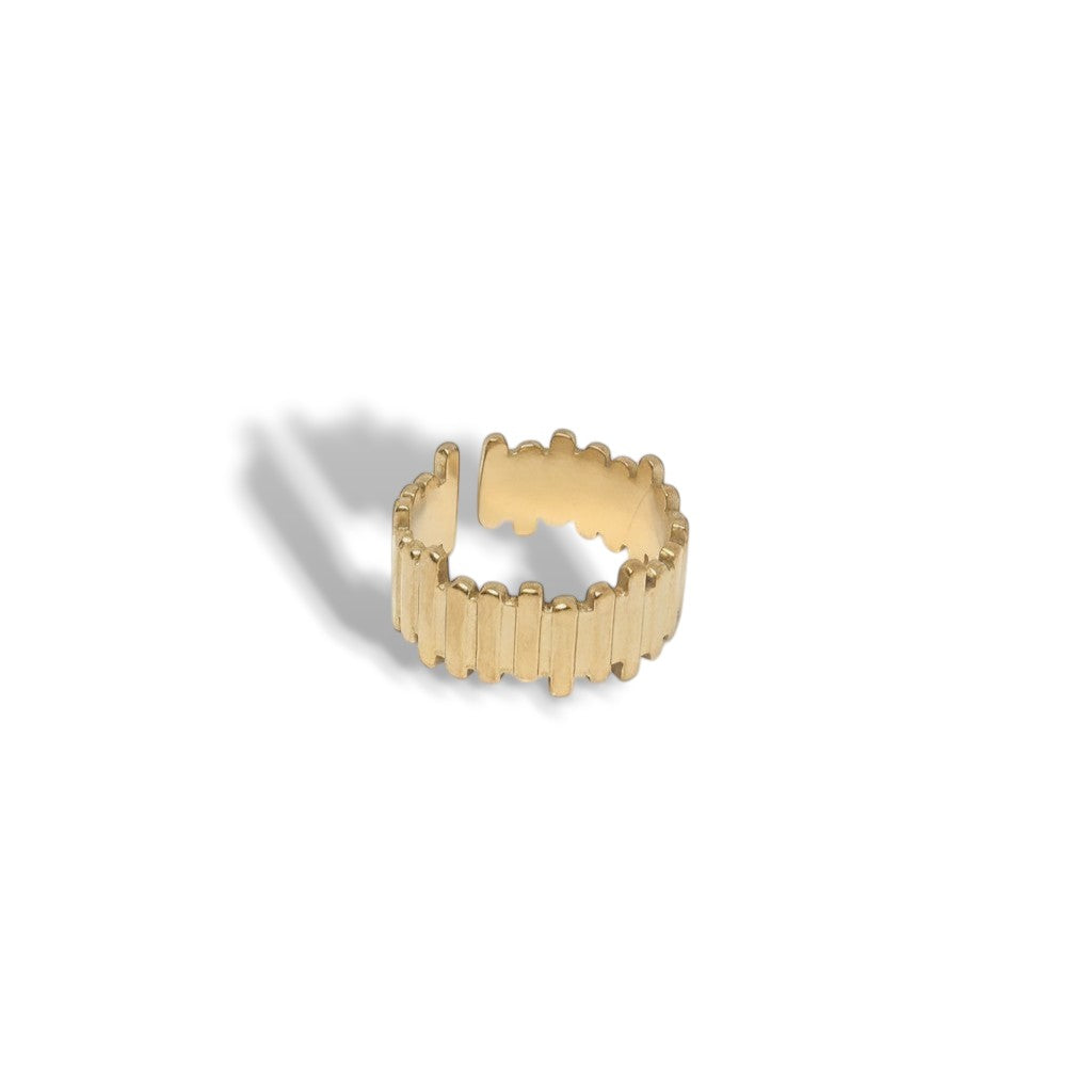 Majoa gold-tone stainless steel ring with a segmented, architectural design. Unisex.