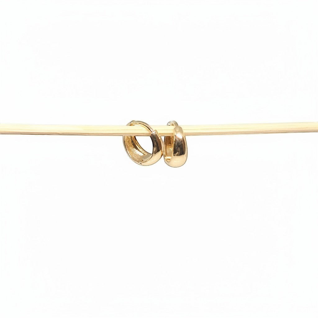 Majoa gold mini hoop earrings, essential everyday jewelry with a sleek, rounded design that catches the light.